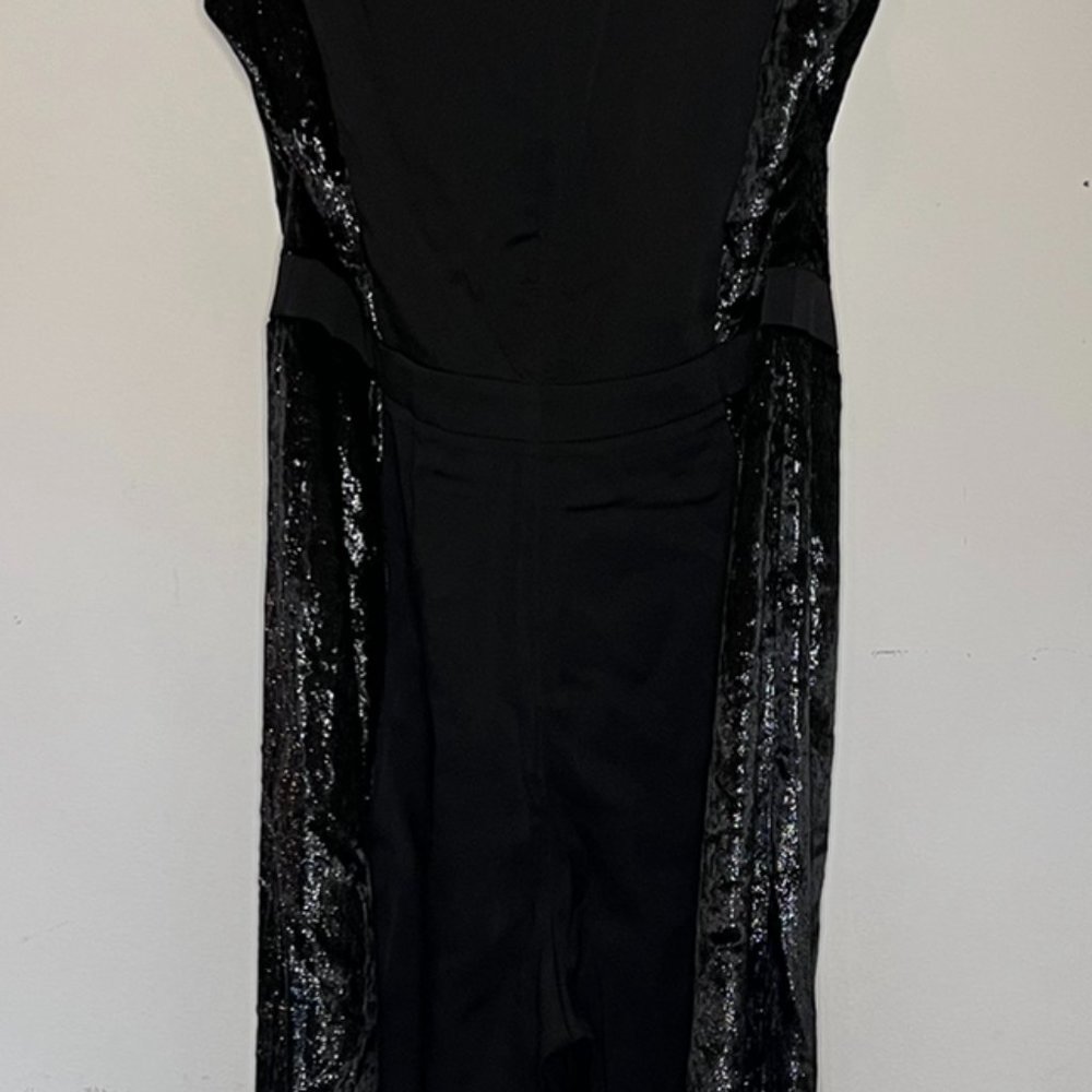 Adelyn Rae Black Jumpsuit Flocked Glitter Tuxedo Stripes Hidden Zip Size L NWT